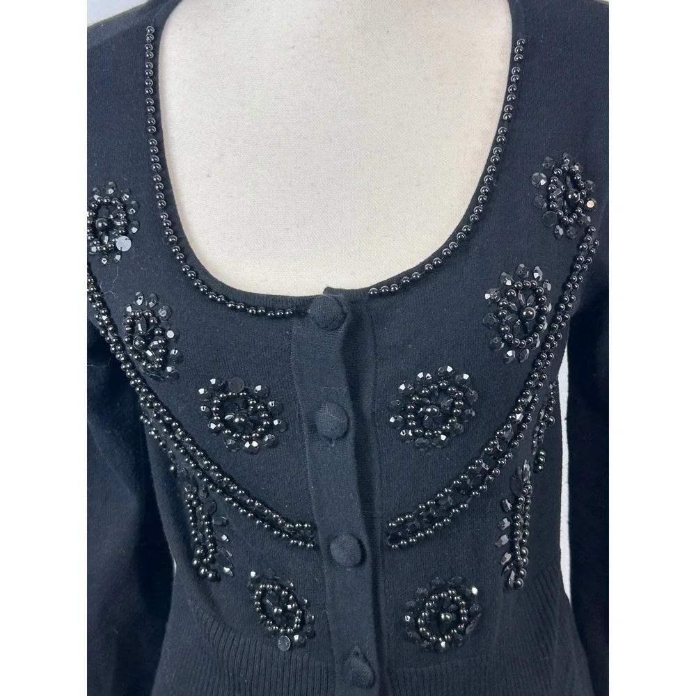 Tracy M Womens Black Beaded Sequin Cardigan Sweater Scoop Neck Ribbed Size M